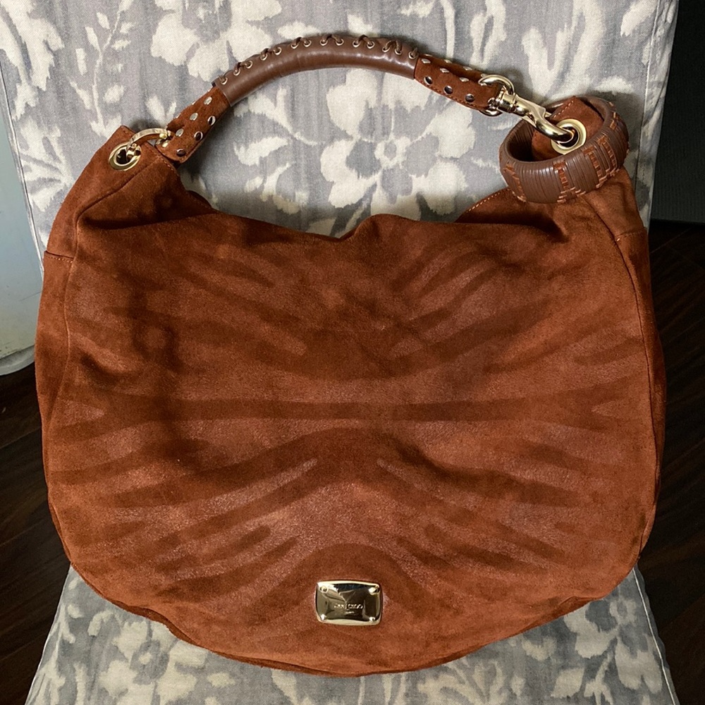 Auth. JIMMY CHOO Cognac Brown Suede Leather Tiger Stripe  Hobo Bag with Bracelet